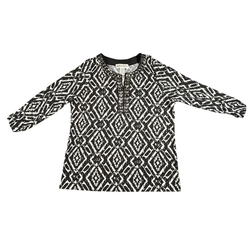 Cathy Daniels Black White Geometric Beaded Neck Tunic Top Women's Size M‎